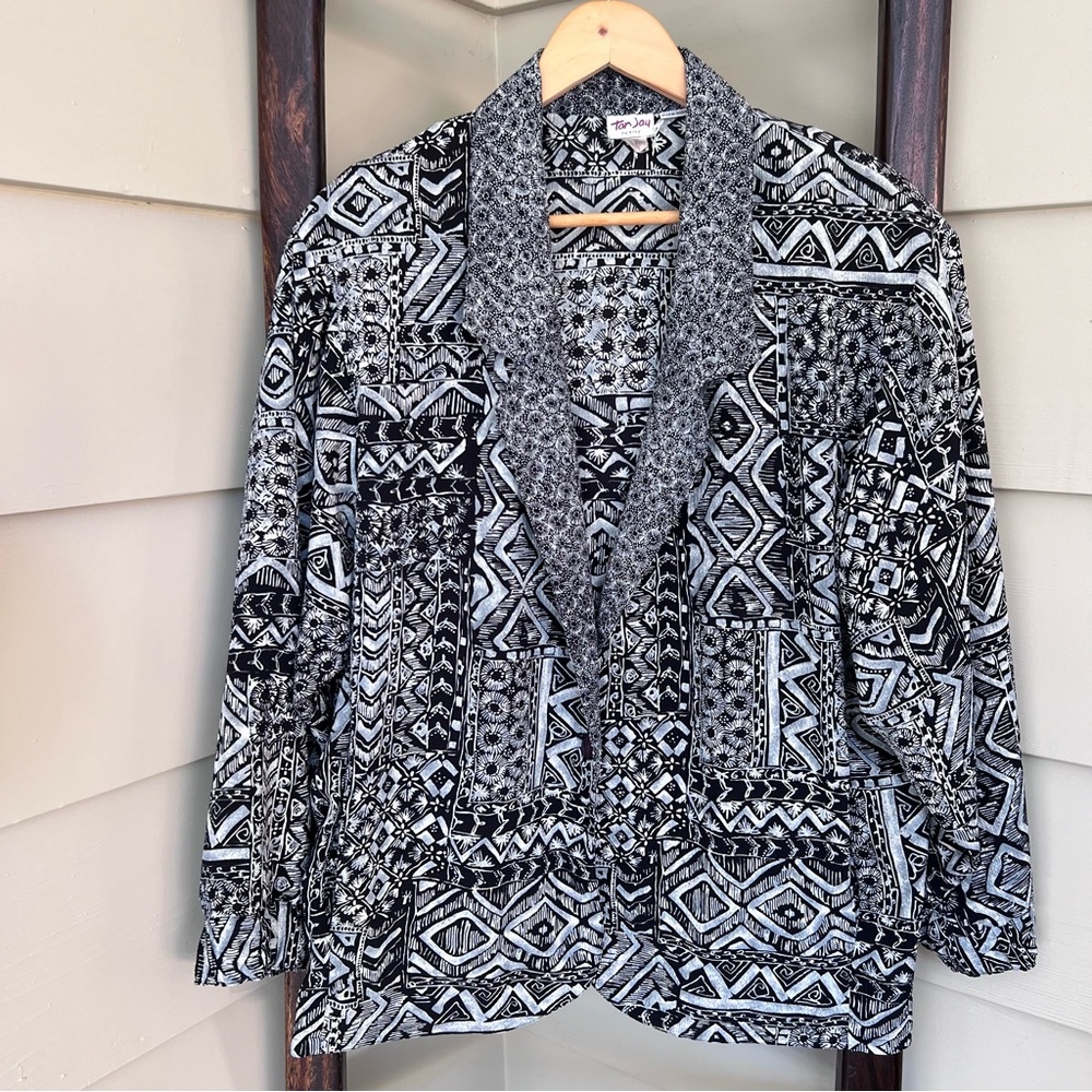 Tan Jay Petite Geometric Blazer Womens Medium Single Button Oversized Jacket 80s